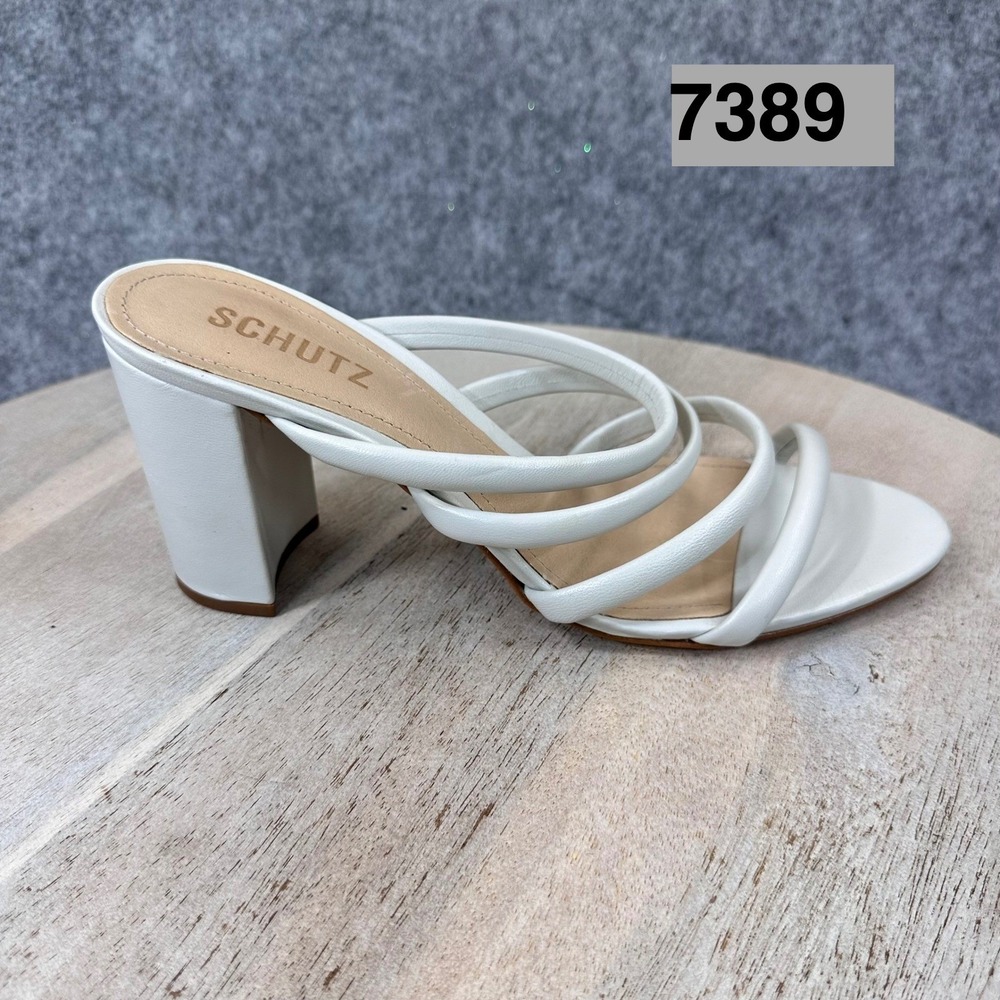 Schutz Felisa Pearl White Leather Multi Strap Block Heel Sandals 8.5 Made Brazil